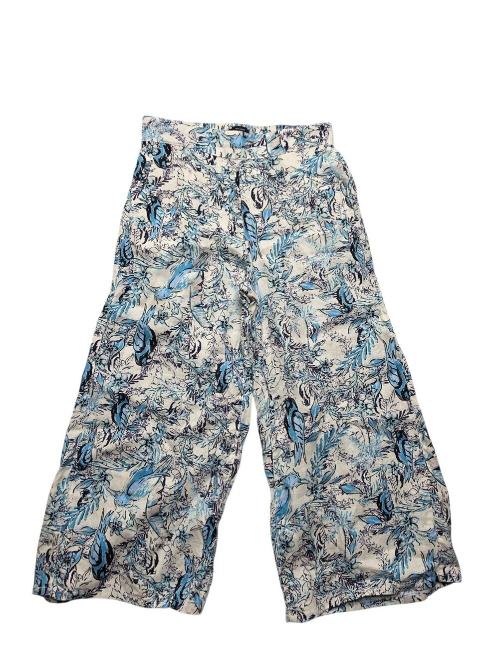 Tahari 100% Linen Bird Print Wide Leg Crop Culotte Pants Pockets Small